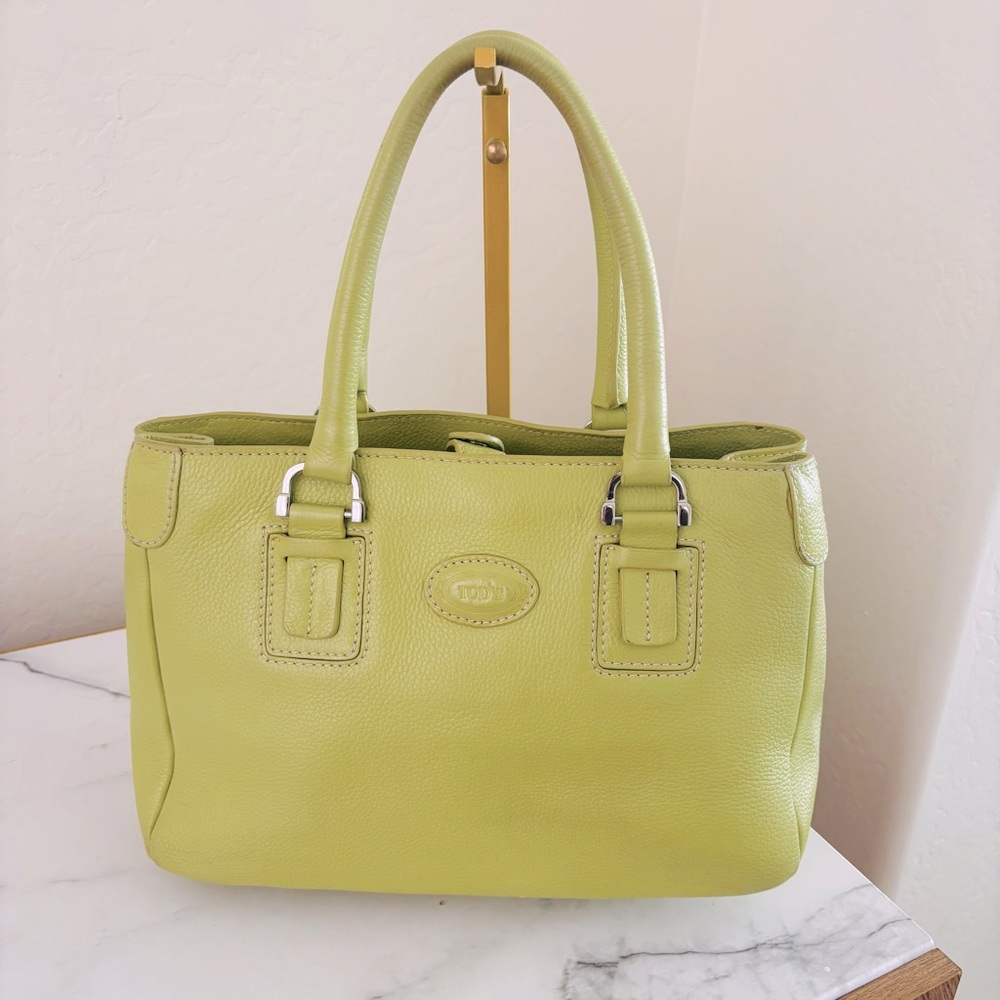 Tod’s Authentic Lime Green Leather Tote Handbag Bag Silver Hardware Women’s Rare